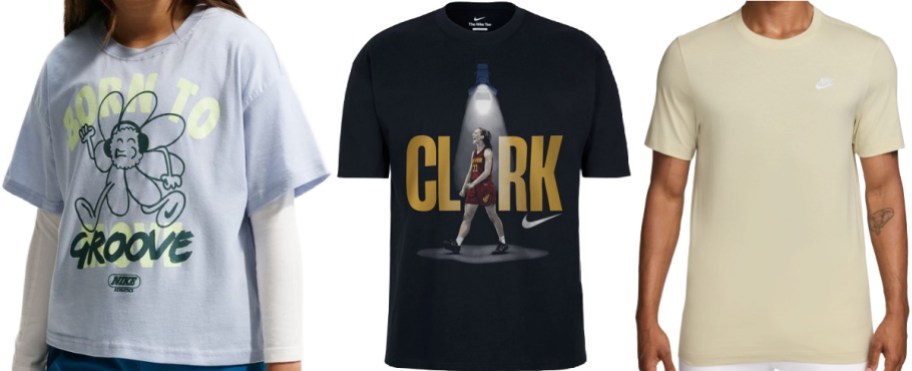 Three graphic t-shirts: on the left is a light blue shirt with a floral design and text;