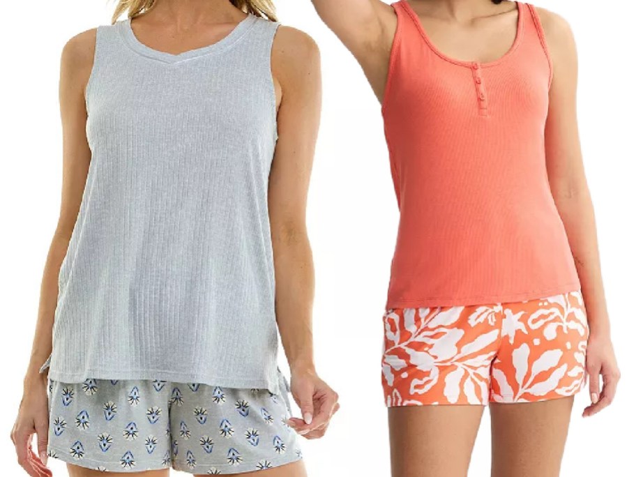 Two women modeling pajama sets side-by-side, one wearing a gray ribbed tank top with patterned shorts and the other wearing a coral tank top with white and coral floral shorts.