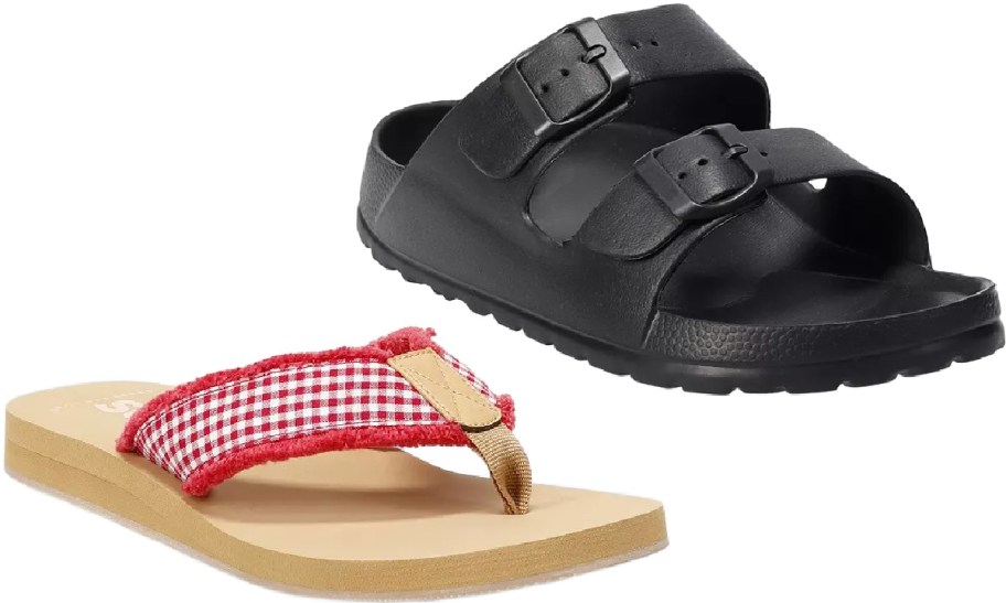 A red and white gingham flip-flop and a black double-buckle slide sandal.
