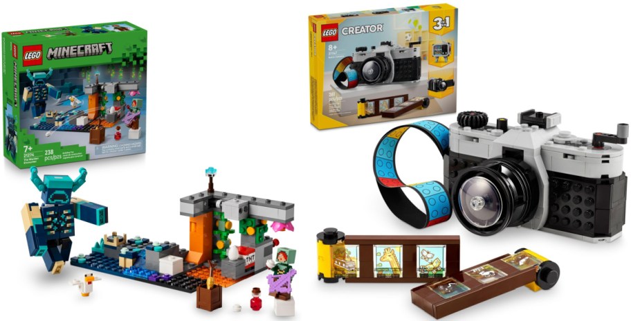 Two LEGO sets displayed with their boxes and built models: a Minecraft set featuring a Warden figure in a cave, and a Creator Retro Camera set with a vintage-style camera and film strips.
