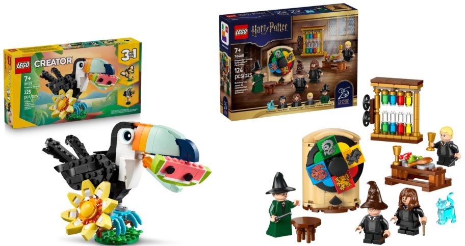 Two LEGO sets displayed with their boxes and built models: a Creator Tropical Toucan holding a slice of watermelon, and a Harry Potter Sorting Hat Ceremony set featuring minifigures, a spinner, and a potions rack.