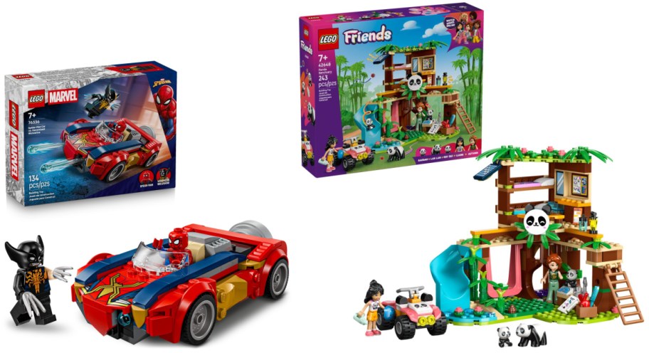 Two LEGO sets displayed with their boxes and built models: a Marvel Spider-Man car with Spider-Man and Venomized Wolverine minifigures, and a Friends Panda Sanctuary treehouse featuring a slide, an ATV, figures, and pandas.