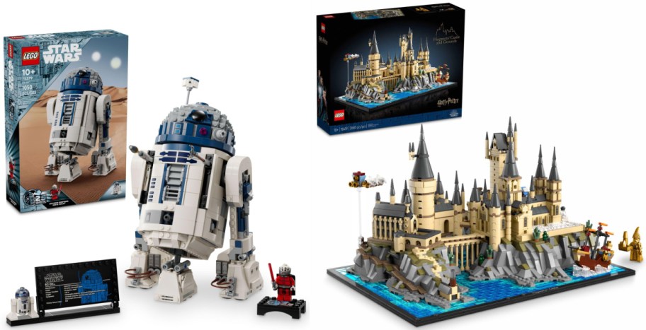 Two LEGO sets displayed with their boxes and built models: a Star Wars R2-D2 figure with a display plaque and minifigures, and a detailed Harry Potter Hogwarts Castle and Grounds Lego model.