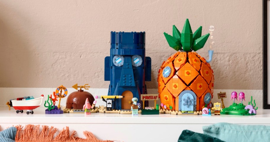 Spongebob lego set displayed on a white shelf