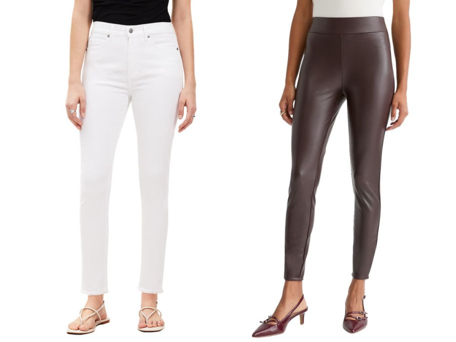 two women wearing loft jeans and pants