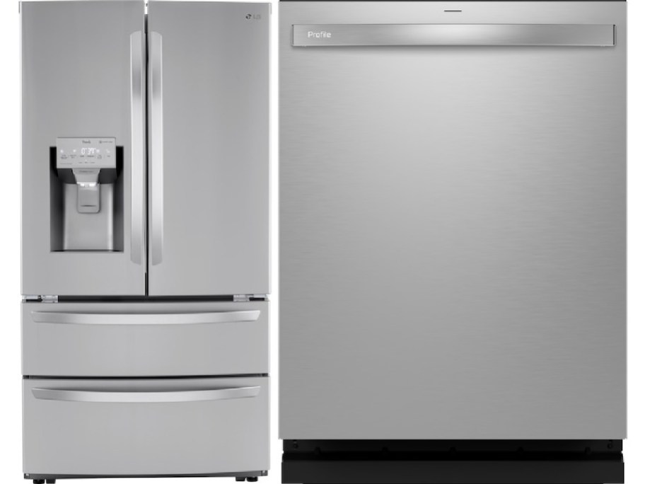 Two stainless steel kitchen appliances side-by-side against a white background: an LG French-door refrigerator with a water dispenser and two bottom freezer drawers on the left, and a GE Profile dishwasher on the right.