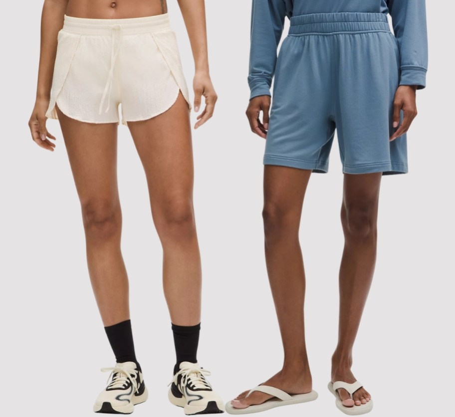 two women wearing athletic shorts in different styles and colors