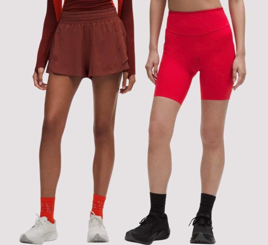 two women wearing athletic shorts in different styles and colors