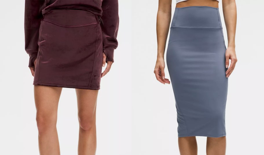 two women in maroon and blue skirts