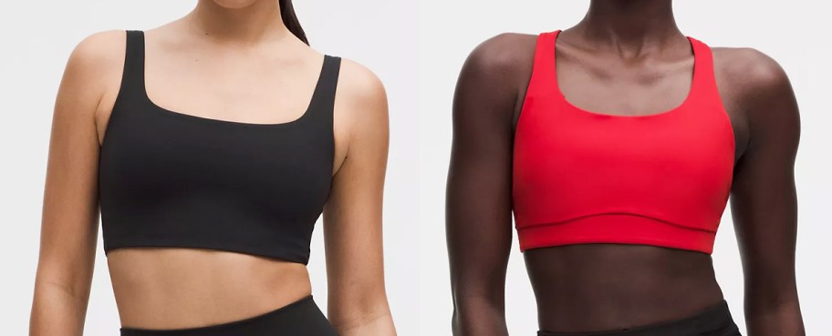 two women in black and red sports bras