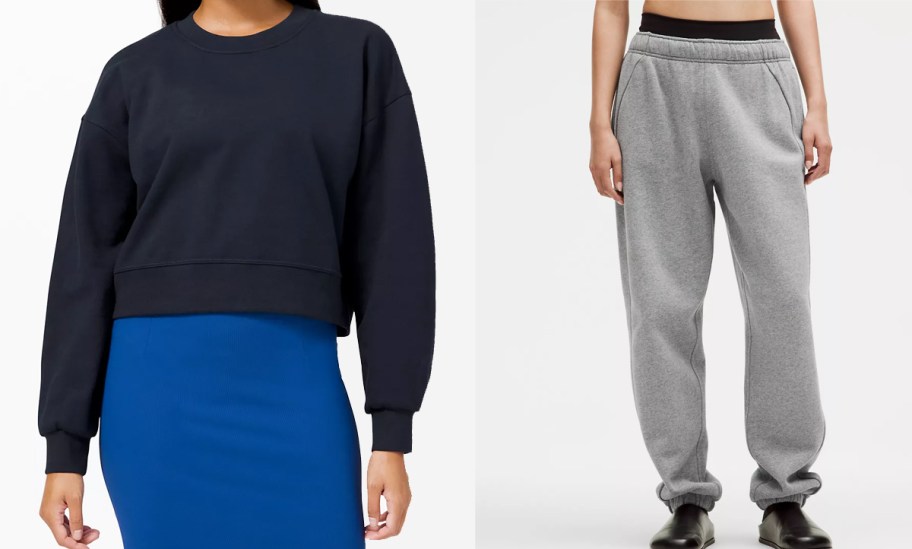 women in blue sweatshirt and grey sweatpants