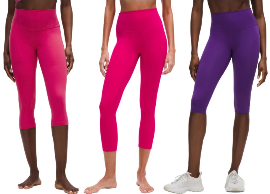 Three women in pinkish red, bright pink and purple leggings side by side in cropped athletic leggings.