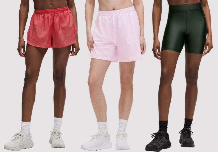 three women wearing athletic shorts in different styles and colors