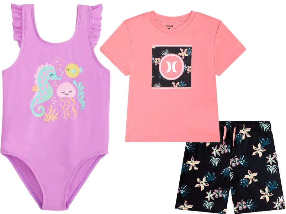 A child's purple one-piece swimsuit with sea creatures alongside a pink Hurley t-shirt and black floral swim trunks.