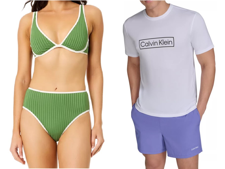 Two side-by-side models: one wearing a green ribbed bikini with white trim, and the other wearing a white Calvin Klein t-shirt with purple swim trunks.