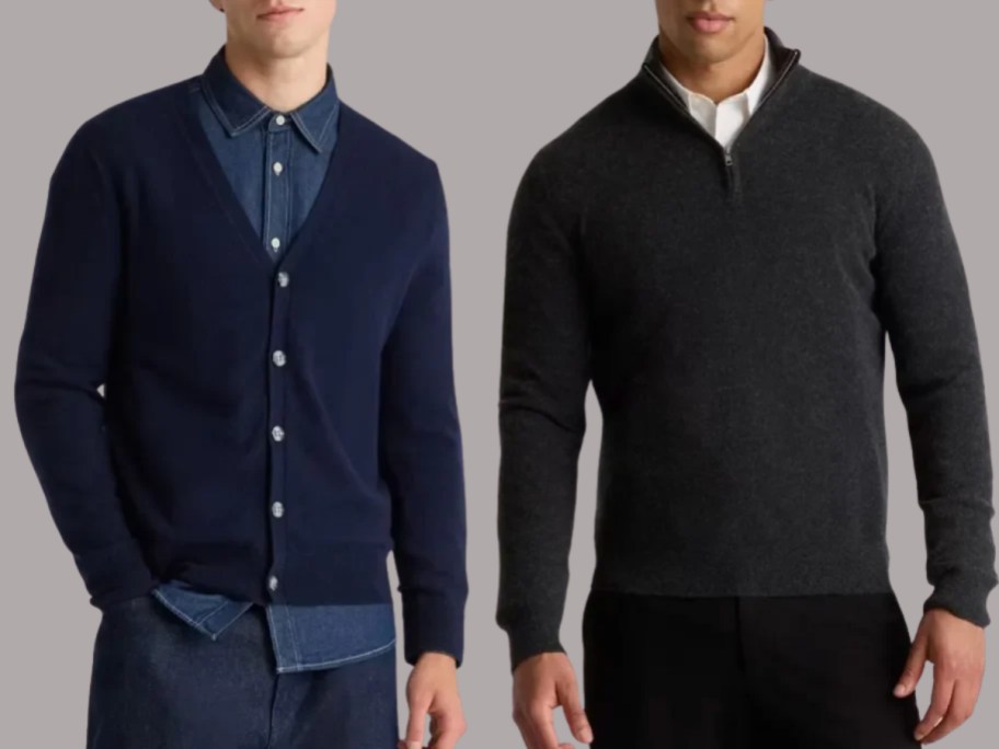 Stock images of two men wearing Quince Cashmere