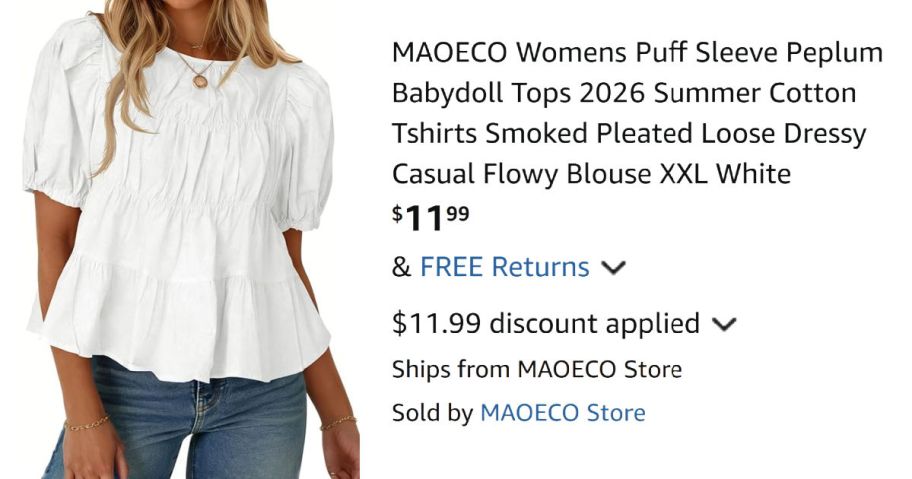woman wearing white shirt next to Amazon pricing information