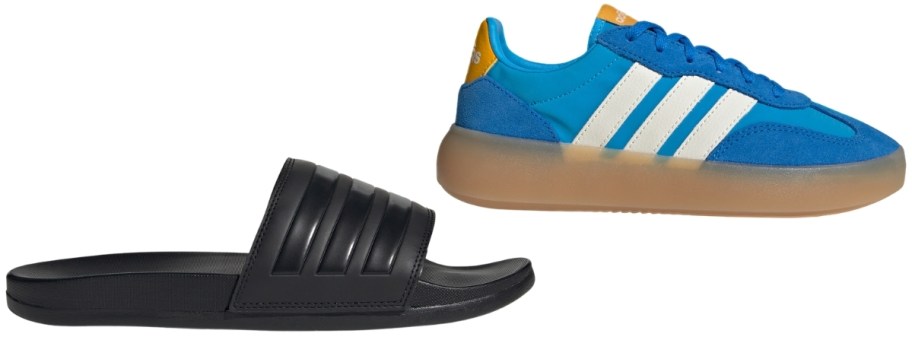 mens slide with bright blue kids sneaker