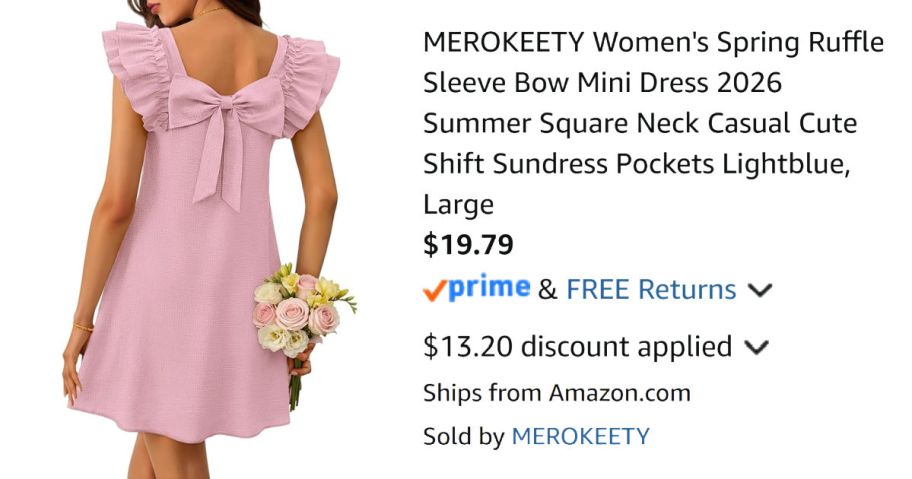 back of woman wearing dress next to Amazon pricing information