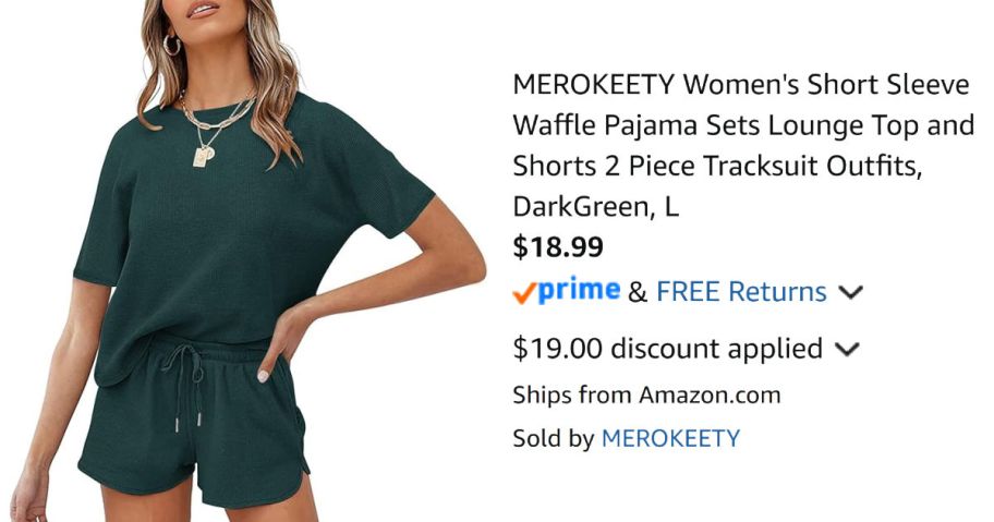 woman wearing green lounge set next to Amazon pricing information