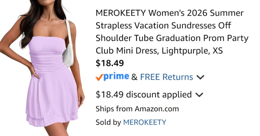 woman wearing purple dress next to Amazon pricing information