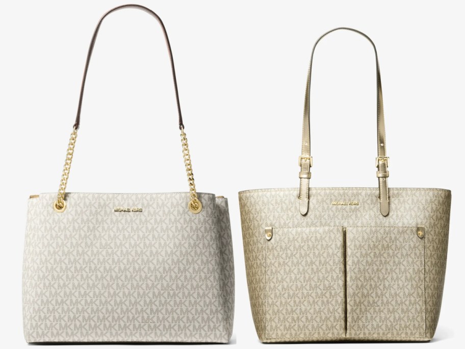 Two Michael Kors tote bags side-by-side against a light background: a white and light grey monogram bag with a gold chain strap on the left, and a metallic gold monogram tote bag with two front pockets on the right.