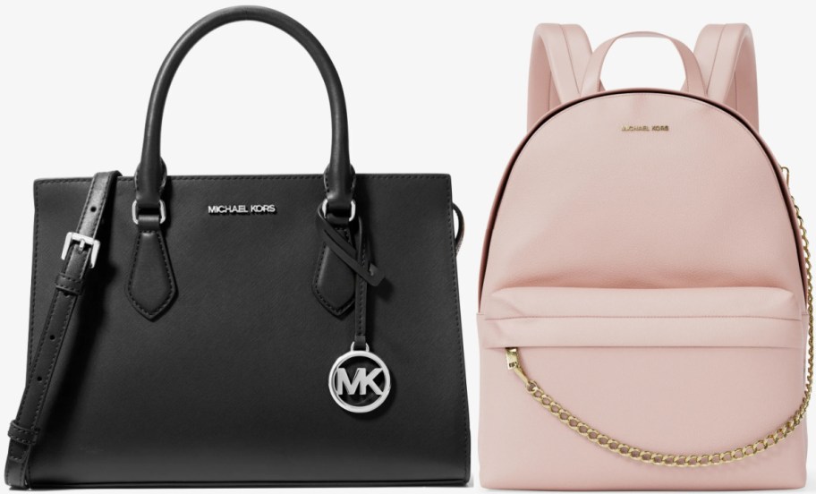 Two Michael Kors bags side-by-side against a light background: a black leather satchel with top handles and a silver MK charm on the left, and a light pink leather backpack with a gold chain detail on the right.