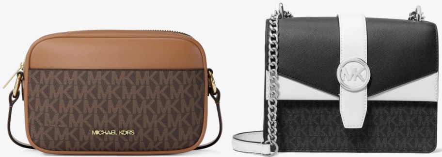 Two Michael Kors purses side-by-side against a light background: a tan and brown monogram crossbody bag on the left, and a black and white colorblocked bag with a silver MK logo and chain strap on the right.