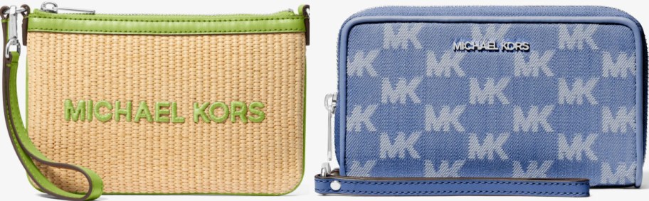 Two Michael Kors wristlets side-by-side against a light background: a woven straw wristlet with bright green trim and lettering on the left, and a blue MK monogram patterned wristlet on the right.