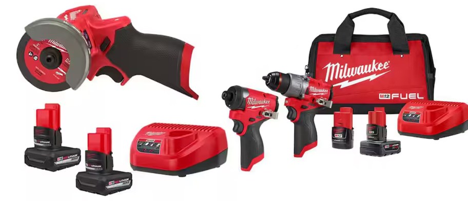 red and black saw, and drills with bag and batteries 