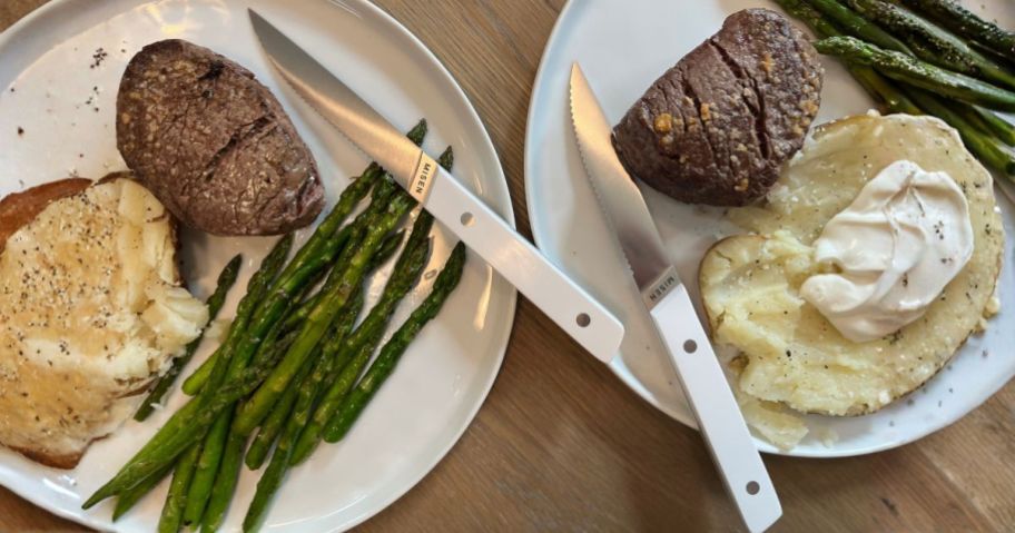 misen Serrated Steak Knives on plates