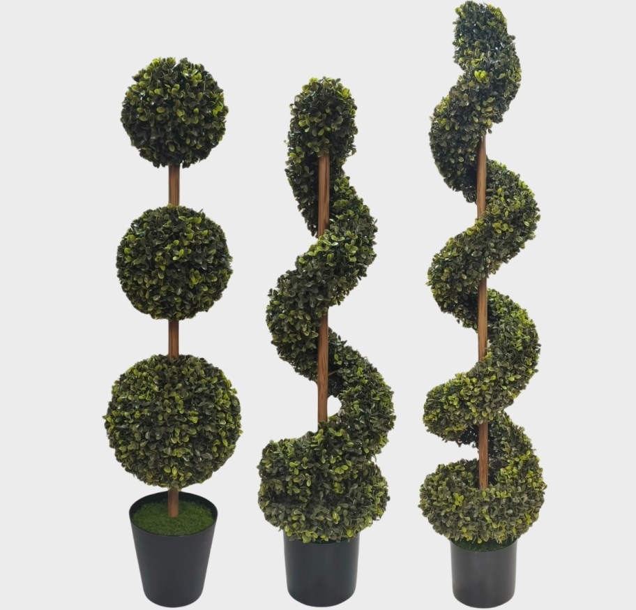 three different styles of topiaries in different sizes