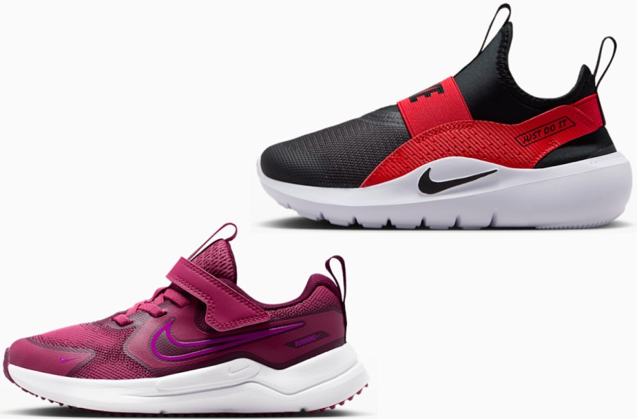 Two Nike kids&rsquo; sneakers, one black and red slip-on shoe and one pink running shoe with a strap, shown on a light gray background.