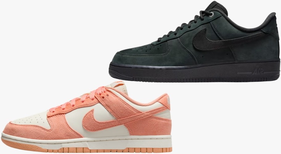 a womans white and peach basketball shoe and a mans green and black basketball shoe