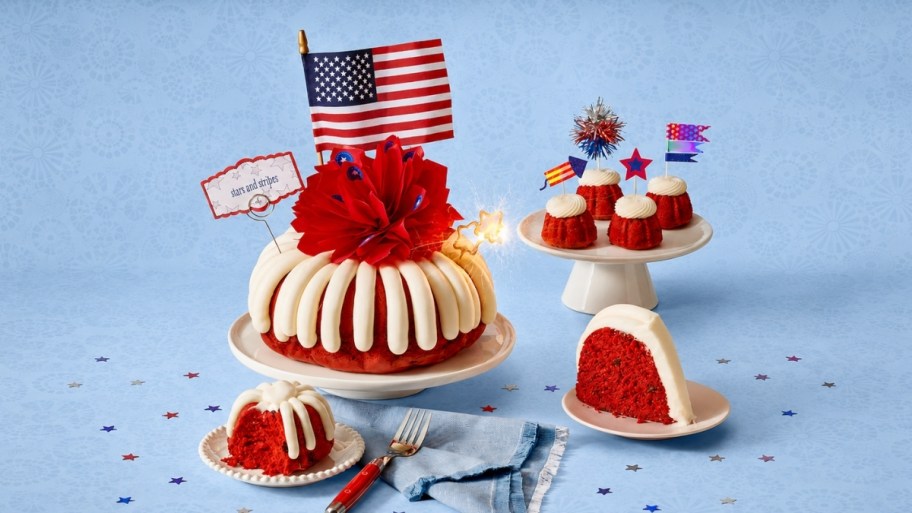 nothing bundt red velvet cake decorated in a patriotic theme 