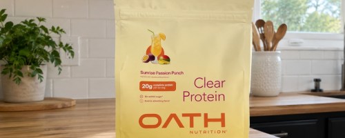 oath nutrition protein powder 18-count on a kitchen countertop