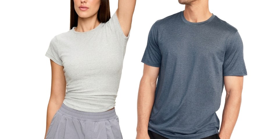 man and woman wearing gray tees