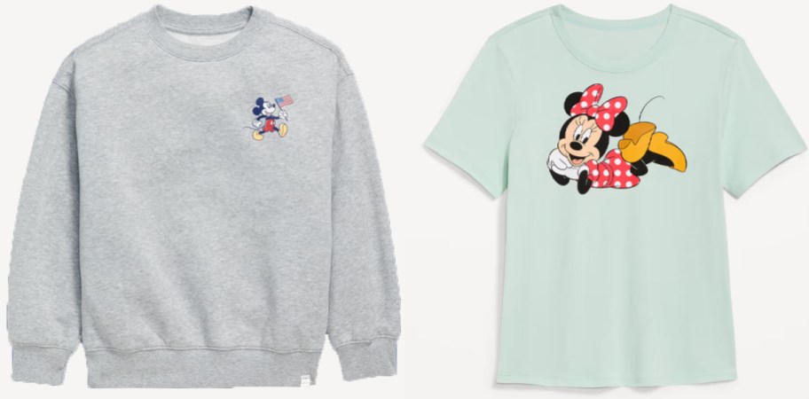 gray sweatshirt and green tee