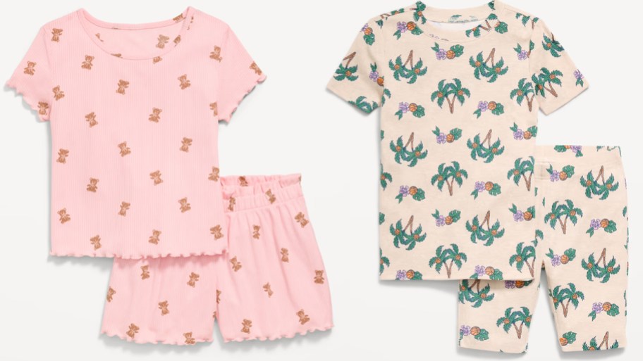 kids pink bear and brown palm tree pajamas