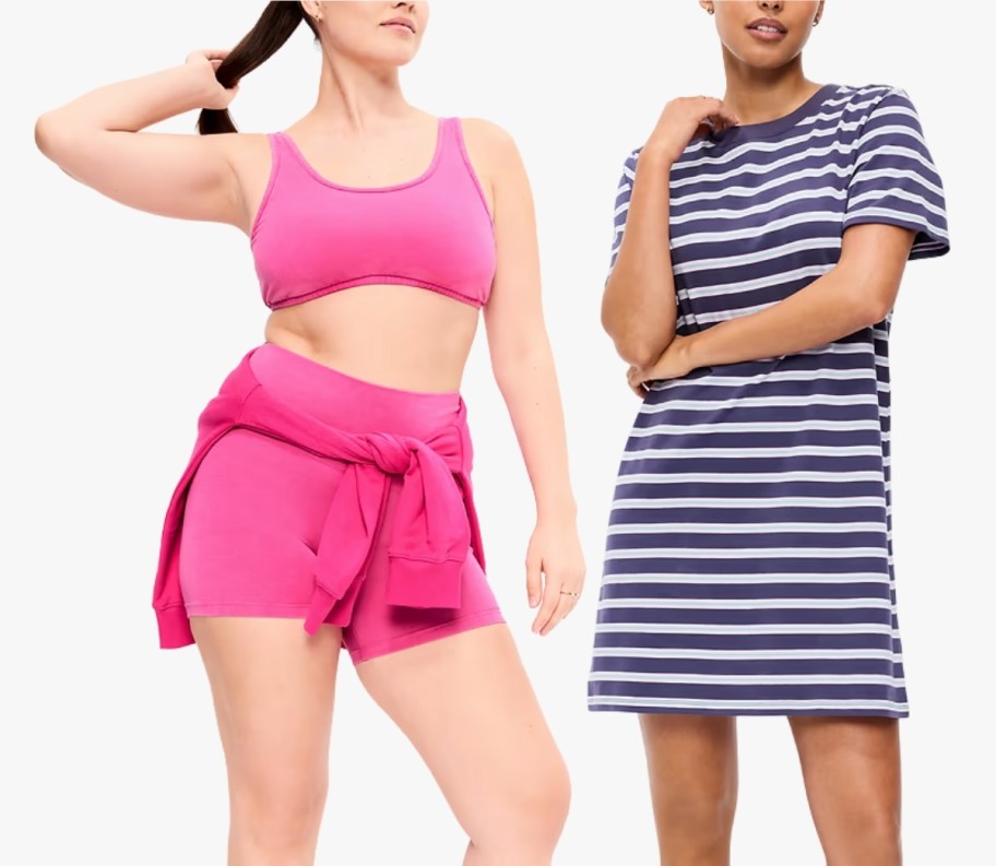 a woman ina pink sports bra and shorts and a woman in striiped t-shrit dress