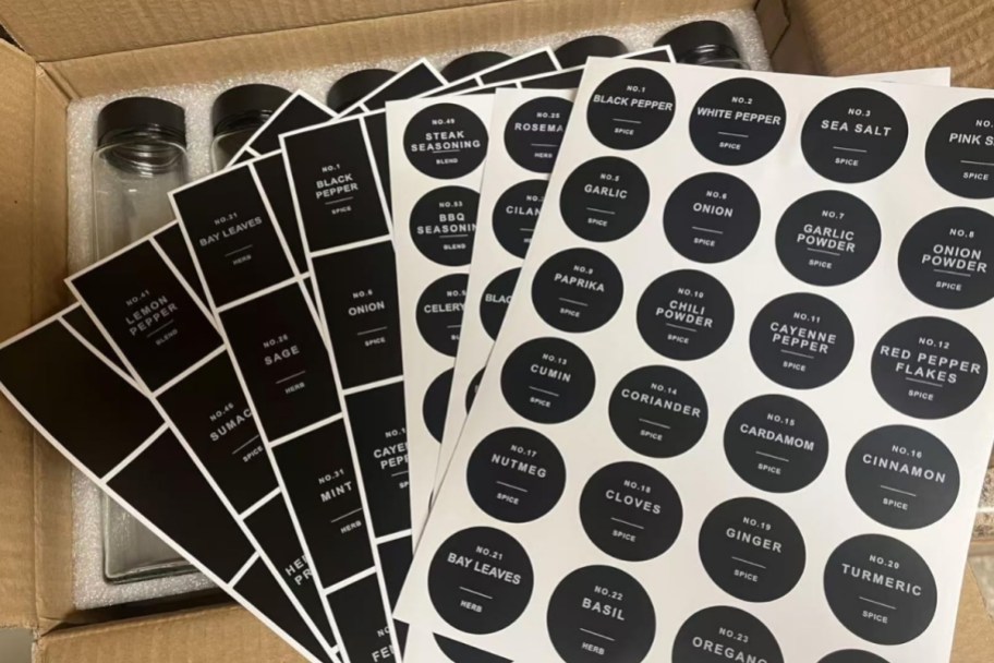 spice jar label sheets shown with a box of spice jars