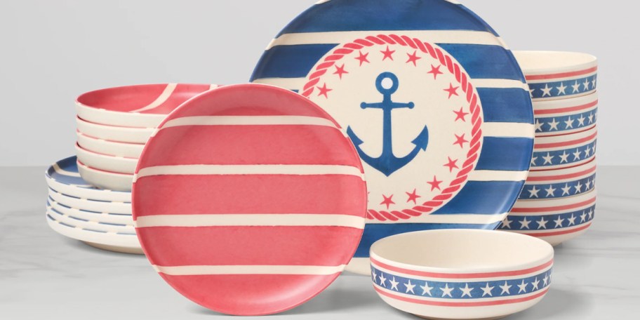 red, blue and white dinnerware set
