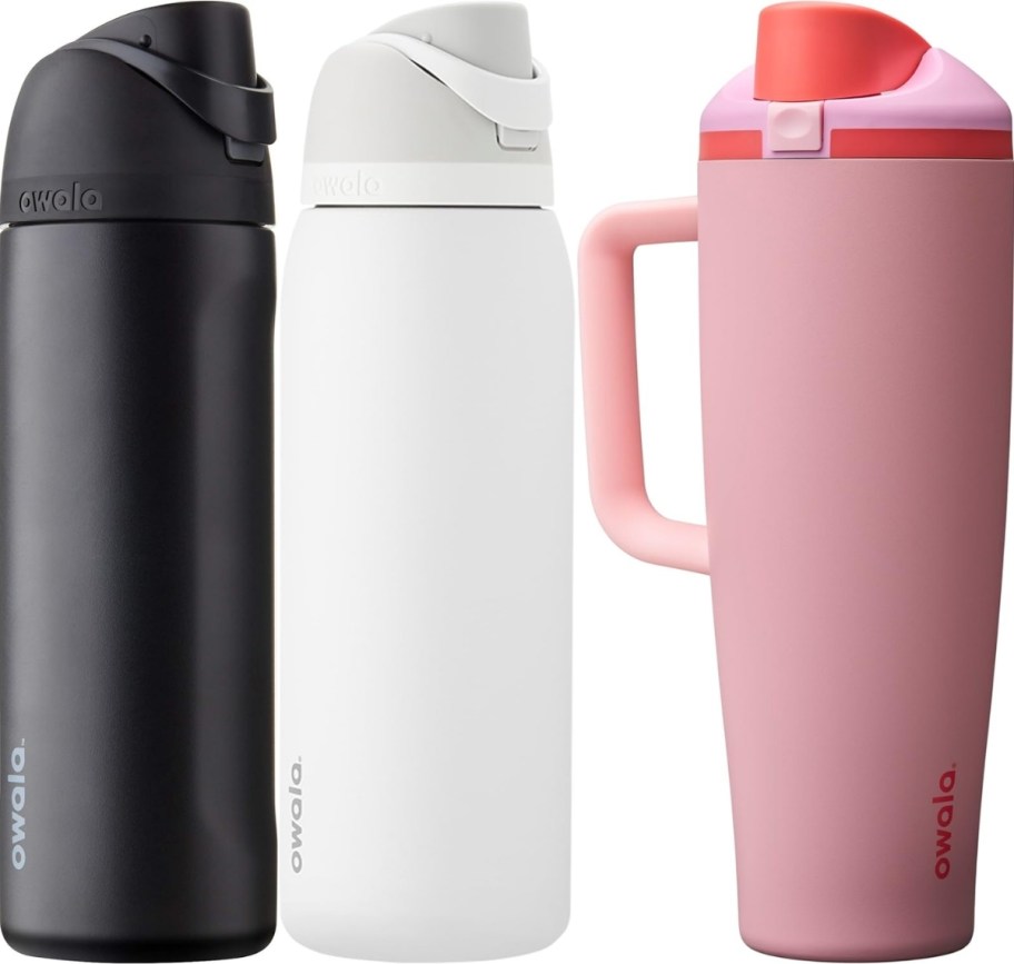 owla water bottles and tumbler in assorted colors and sizes