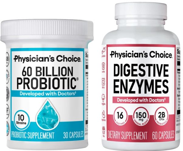 Physician's Choice's collection of supplements, including probiotics and digestive enzymes, comes in a variety of bottles.