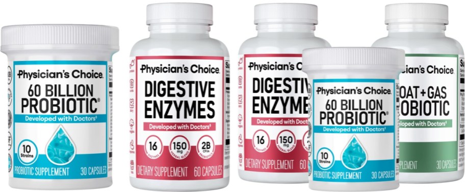 A collection of dietary supplements including probiotics and digestive enzymes from Physician's Choice, displayed in various bottles.