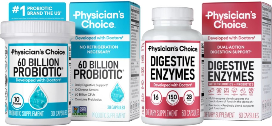 A variety of health supplements including probiotic and digestive enzyme products, all branded as "Physician's Choice."