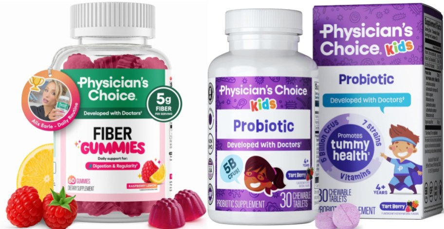 Two containers of dietary supplements: Physician's Choice Fiber Gummies, and Physician's Choice Kids Probiotic.