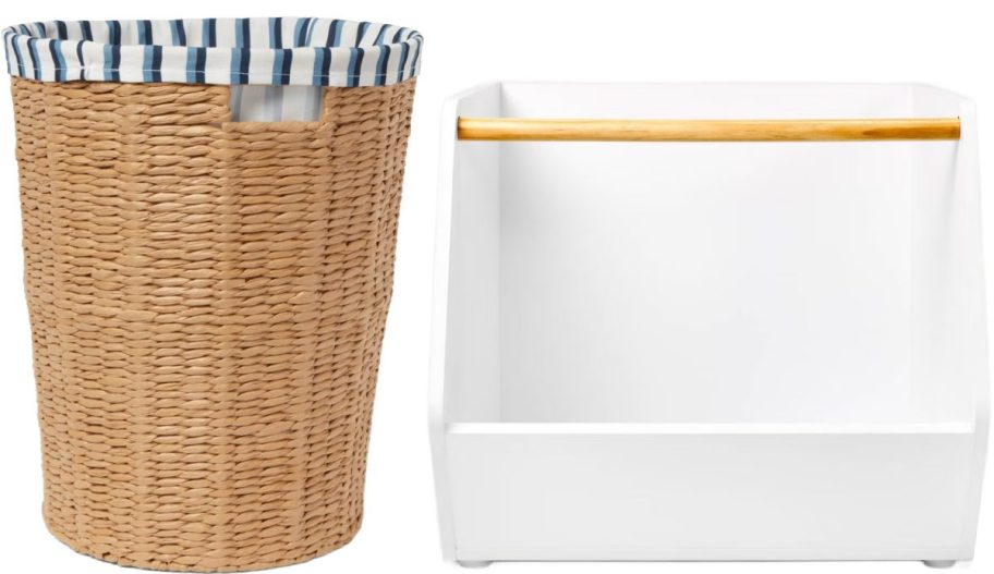 kids hamper and white storage shelf
