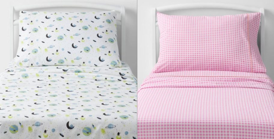 space sheets and pink gingham sheets