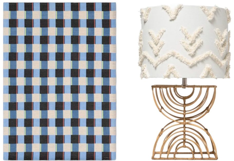 kids blue checked rug and white lamp